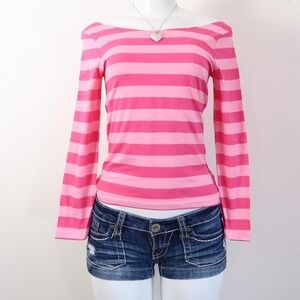 pink striped long sleeve off shoulder tee indie sleaze y2k